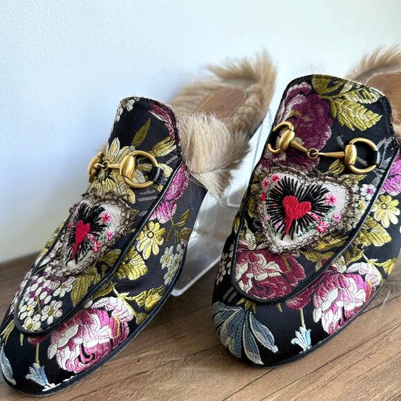 Gucci Princetown Jacquard Kangaroo EU 37 US 6.5/7 Horsebit Fur Heart Mule Slides - Picture 4 of 12